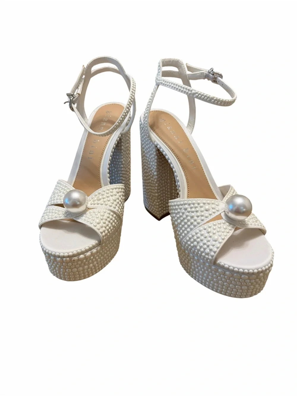 Gianni Bini White Pearl Platform Block Heel Bridal Sandals NWOB Size 8
